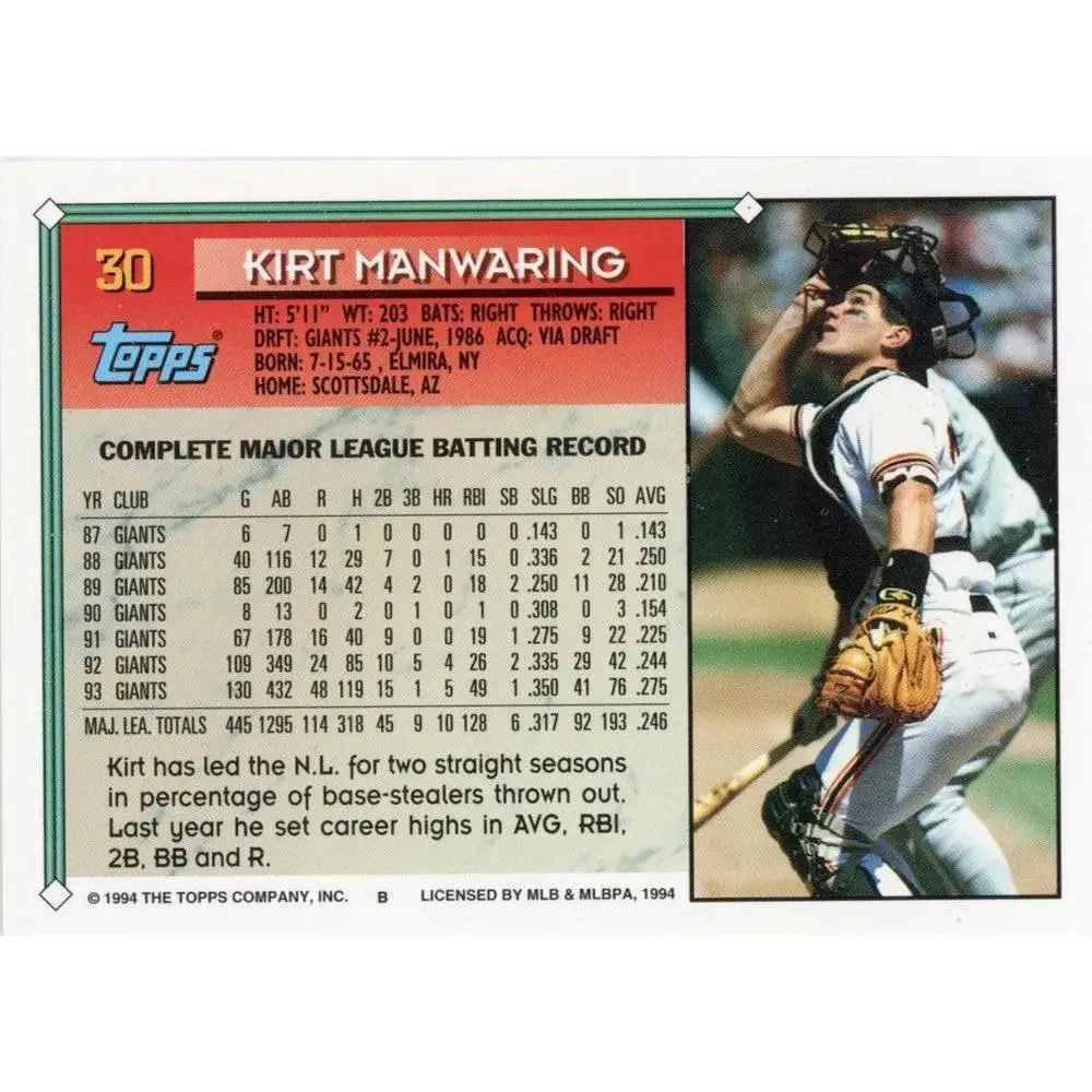 1994 Topps Kirt Manwaring # 30 San Francisco Giants